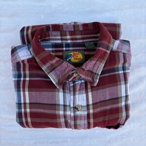 Bass Pro Shops Men's Burgundy Plaid Button Down Shirt Cotton Size L